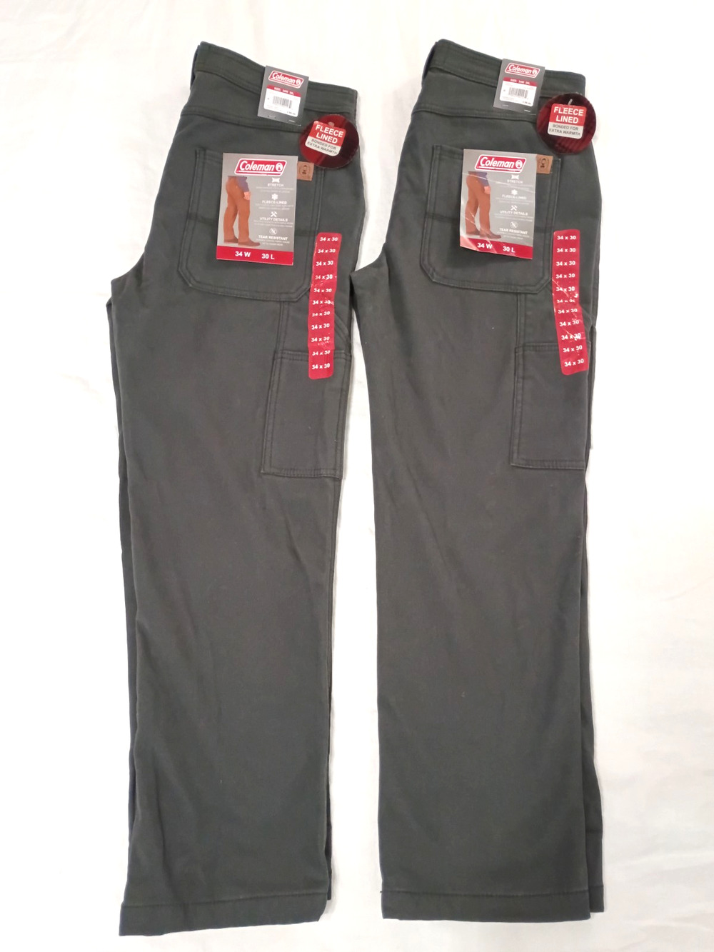 2 Coleman Men Pants 34x28 1/2 Gray Fleece Lined Work Utility Pants Stretch NWT